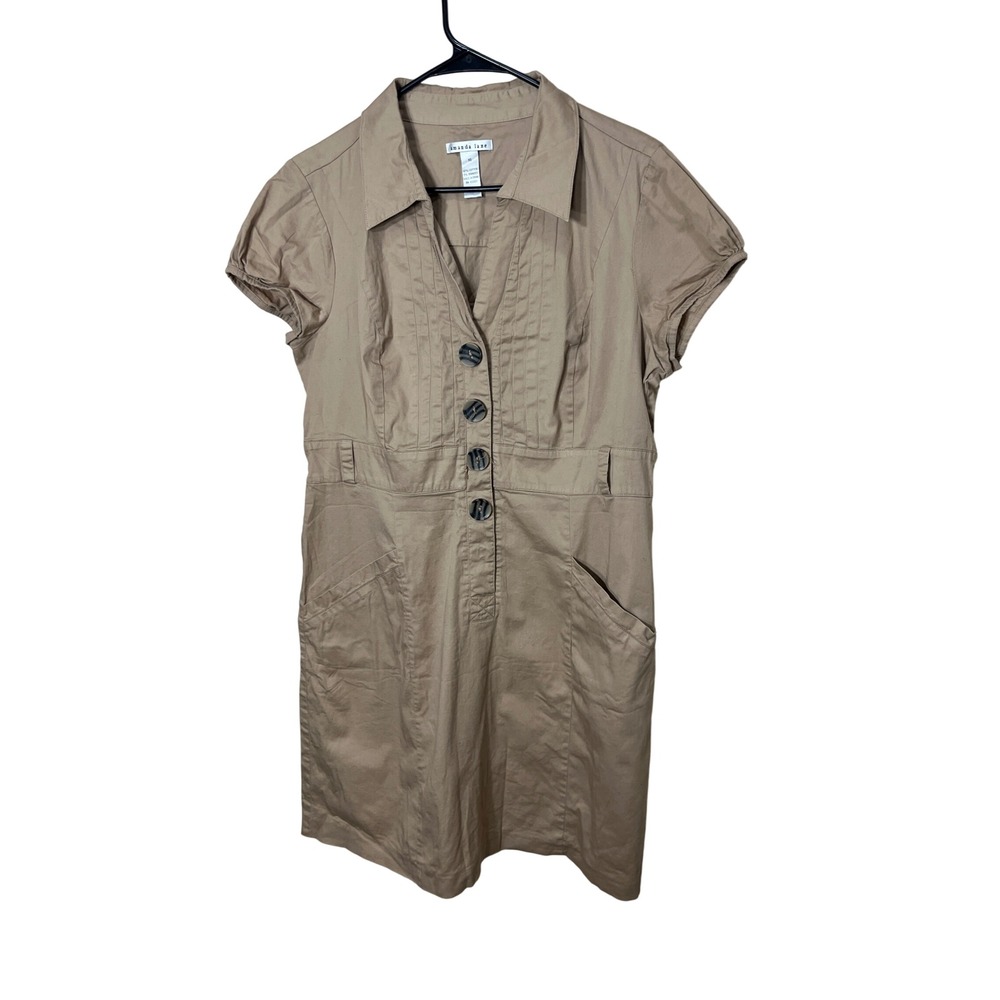 Amanda Lane Women's Size 16 Short Sleeve Button‎ Front Dress Tan Cotton Blend